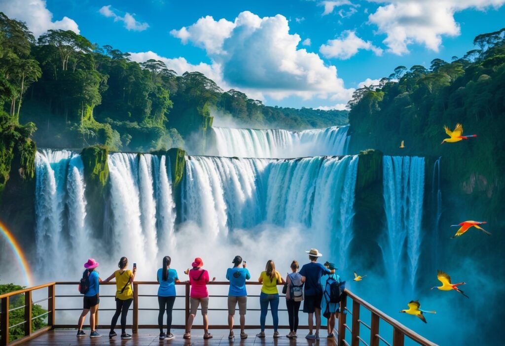 Cachoeiras de Iguaçu cercadas por floresta verde com turistas observando da plataforma de madeira sob céu azul.