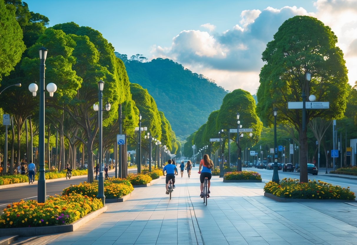 Avenida das Cataratas em Foz do Iguaçu com árvores, calçadas, pessoas caminhando e céu azul ao fundo.