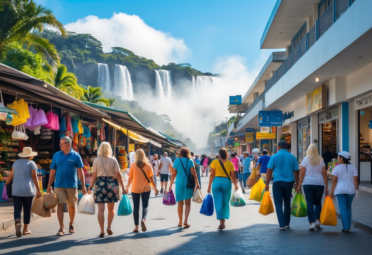 Pessoas fazendo compras em uma rua movimentada perto da fronteira de Foz do Iguaçu com o Paraguai, com barracas coloridas e vegetação ao fundo.