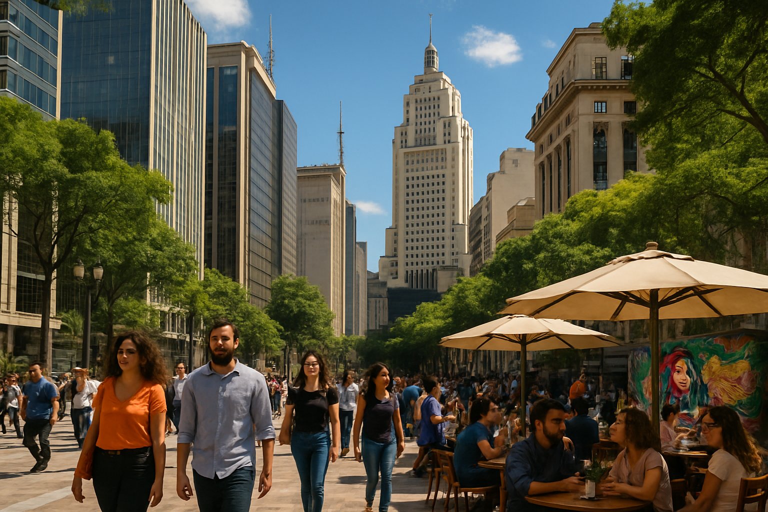 Cena movimentada de pessoas caminhando e conversando em uma rua de São Paulo com prédios altos e árvores ao fundo.