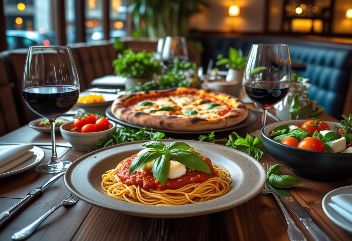 Mesa de restaurante italiano em São Paulo com pratos típicos italianos e taça de vinho, ambiente acolhedor e iluminação suave.
