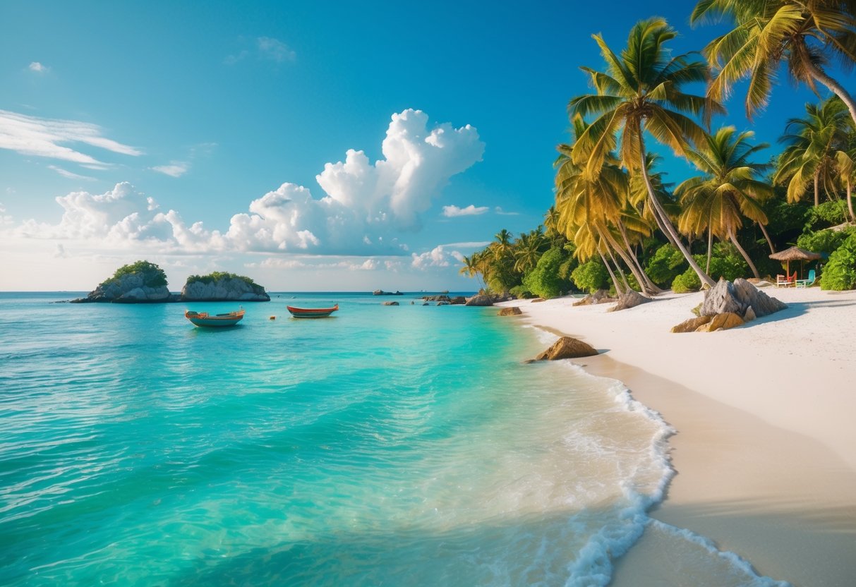 Praia de Búzios com areia branca, água azul cristalina, coqueiros e pequenas formações rochosas ao longo da costa.