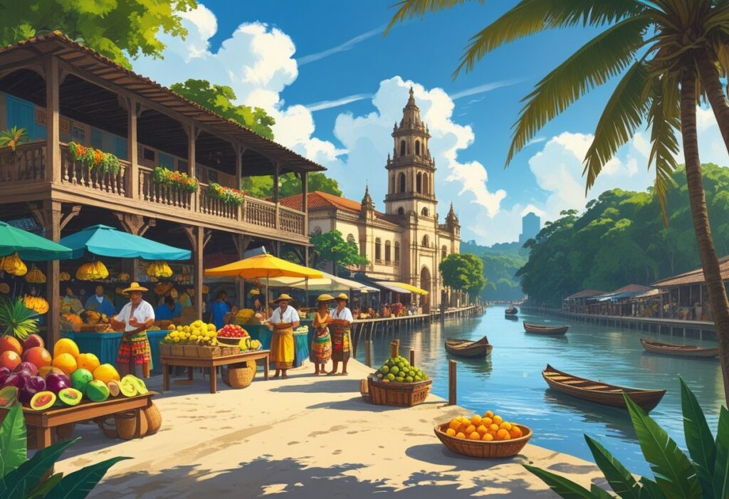 Vista colorida de Belém do Pará com o mercado Ver-o-Peso, forte histórico, barcos no rio e pessoas aproveitando a cultura local.