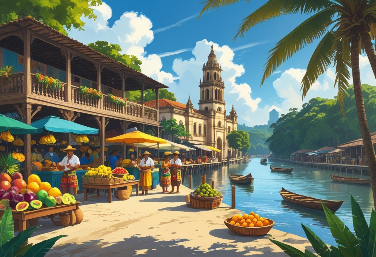 Vista colorida de Belém do Pará com o mercado Ver-o-Peso, forte histórico, barcos no rio e pessoas aproveitando a cultura local.