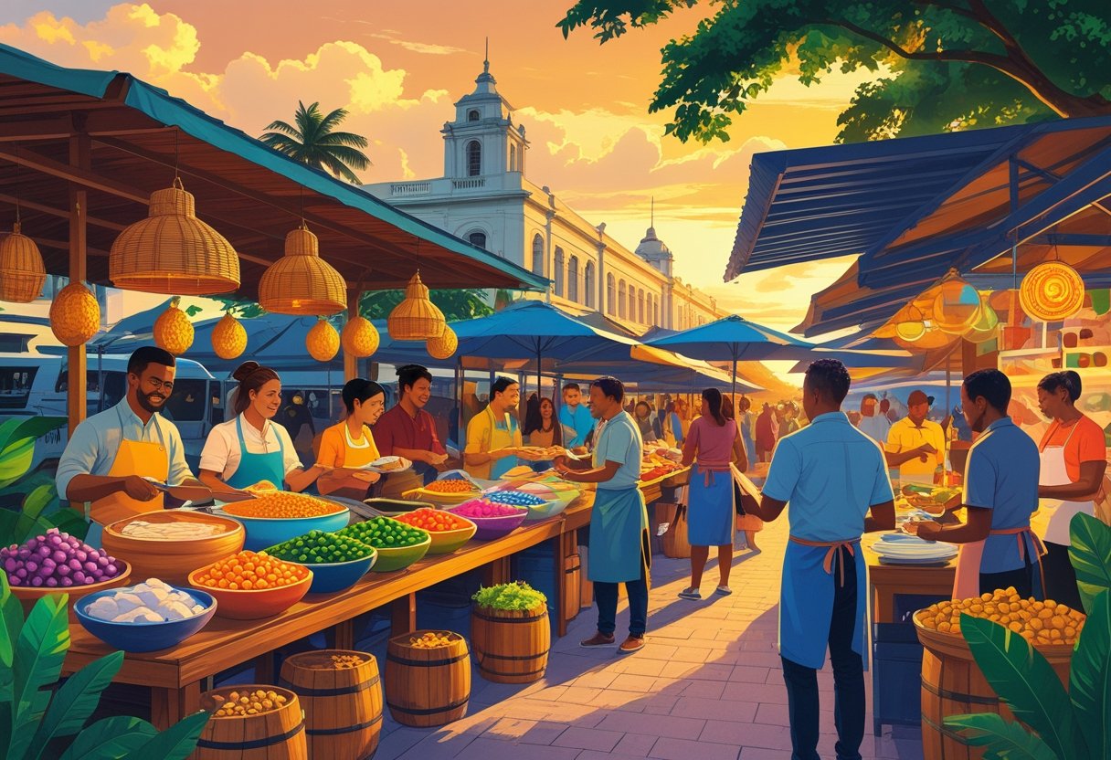 Mercado ao ar livre em Belém do Pará com barracas coloridas vendendo ingredientes locais e pessoas saboreando pratos típicos, com arquitetura tradicional e vegetação tropical ao fundo.