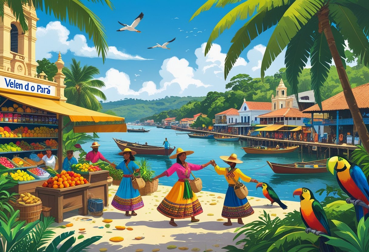 Cena mostrando pessoas em trajes tradicionais, mercado com frutas tropicais e barcos no rio, representando a cultura e tradições de Belém do Pará.